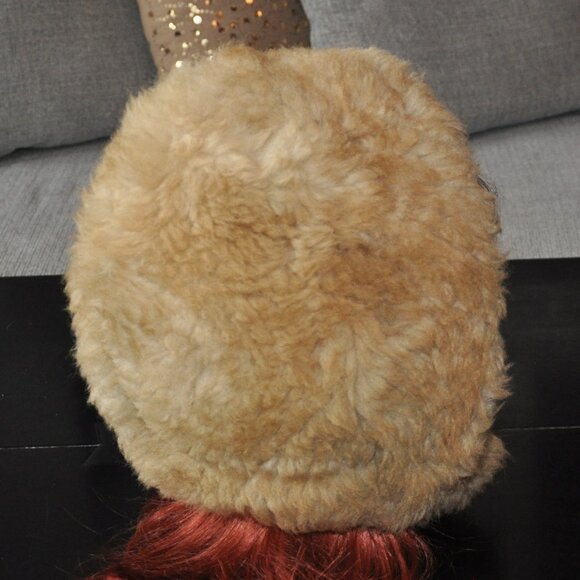 Vintage Wool Bonnet Hood Winter Hat Chin Strap Sheepskin Shearling Cap Unisex S - Picture 2 of 8